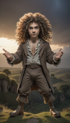 solo,long hair,looking at viewer,blue eyes,brown hair,shirt,1boy,jewelry,standing,full body,male focus,boots,outdoors,open clothes,sky,belt,pants,cloud,necklace,tree,lips,coat,brown footwear,grass,curly hair,open coat,realistic,brown pants,brown coat,afro,nail polish,watermark,cloudy sky,pointing,rock,brown belt