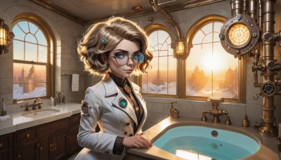 1girl,solo,breasts,looking at viewer,short hair,blue eyes,blonde hair,brown hair,shirt,hair ornament,long sleeves,jewelry,jacket,upper body,earrings,necktie,glasses,hairclip,collared shirt,indoors,water,lips,coat,black shirt,window,buttons,watermark,formal,sunlight,brooch,building,gem,backlighting,freckles,curly hair,watch,nose,round eyewear,labcoat,clock,white coat,wristwatch,lamp,rimless eyewear,badge,gears,steampunk,uniform,candle,sink