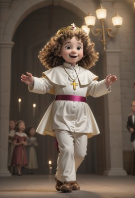 1girl,long hair,smile,open mouth,multiple girls,brown hair,long sleeves,dress,brown eyes,jewelry,full body,multiple boys,shoes,solo focus,pants,indoors,necklace,blurry,black eyes,4girls,brown footwear,cross,crown,child,walking,curly hair,white pants,female child,dancing,cross necklace,latin cross,church,priest,looking at viewer,standing,teeth,3girls,white dress,capelet,blurry background,formal,suit,afro