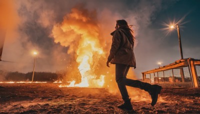 1girl,solo,long hair,black hair,long sleeves,1boy,hat,standing,jacket,male focus,outdoors,sky,shoes,pants,cloud,hood,water,black footwear,from side,black jacket,black headwear,ocean,black pants,cloudy sky,fire,building,scenery,smoke,walking,sunset,running,explosion,lamppost,burning,gloves,boots,coat,night