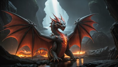 HQ,solo,open mouth,red eyes,tail,outdoors,wings,horns,teeth,water,orange eyes,no humans,glowing,fangs,fire,sharp teeth,scenery,glowing eyes,claws,spikes,reflection,monster,light rays,rock,mountain,dragon,scales,dragon wings,cave,molten rock,sky,fantasy,breathing fire