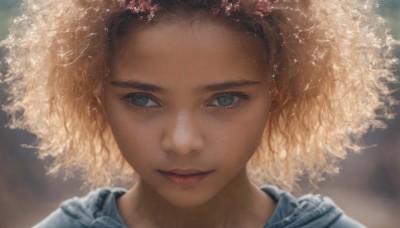 1girl,solo,looking at viewer,smile,short hair,blue eyes,blonde hair,brown hair,closed mouth,dark skin,mole,blurry,dark-skinned female,lips,looking to the side,eyelashes,mole under eye,depth of field,blurry background,looking away,portrait,freckles,curly hair,realistic,nose,afro,hat,grey eyes,light smile,close-up