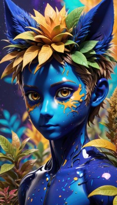 solo,looking at viewer,short hair,brown hair,1boy,animal ears,brown eyes,closed mouth,yellow eyes,upper body,flower,male focus,blurry,colored skin,leaf,plant,portrait,topless male,yellow flower,blue skin,bodypaint,hair ornament,collarbone,nude,outdoors,artist name,hair flower,lips,depth of field,blurry background,expressionless,sunlight,light particles,sunflower,facepaint,dappled sunlight,paint splatter,paint,full-body tattoo