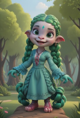 1girl,solo,long hair,looking at viewer,smile,open mouth,long sleeves,dress,jewelry,very long hair,green eyes,standing,full body,braid,flower,:d,earrings,outdoors,green hair,sky,teeth,day,pointy ears,artist name,necklace,twin braids,tree,blue dress,watermark,facial mark,happy,thick eyebrows,grass,gem,nature,claws,furry,pendant,forest,green dress,forehead mark,furry female,female child,forehead jewel,furrification,breasts,small breasts,colored skin,leaf,fangs,sharp teeth,absurdly long hair,aqua dress