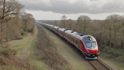 outdoors,sky,day,cloud,tree,no humans,grass,ground vehicle,nature,scenery,motor vehicle,forest,mountain,car,road,vehicle focus,cloudy sky,realistic,field,bare tree,landscape,fog,train