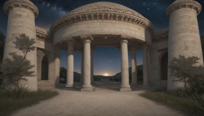 outdoors,sky,cloud,tree,no humans,night,grass,plant,star (sky),night sky,scenery,starry sky,pillar,arch,column,bush,path