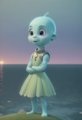 1girl,solo,smile,open mouth,dress,jewelry,standing,purple eyes,full body,outdoors,barefoot,sleeveless,artist name,signature,water,necklace,sleeveless dress,colored skin,ocean,beach,crossed arms,child,furry,green dress,sunset,blue skin,furry female,antennae,female child,bald,shell,alien,1boy,male focus