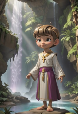 solo,smile,short hair,brown hair,long sleeves,1boy,brown eyes,jewelry,closed mouth,standing,full body,male focus,outdoors,barefoot,day,wide sleeves,water,necklace,tree,toes,sandals,sunlight,cross,plant,child,robe,light rays,rock,fantasy,male child,cross necklace,waterfall,blush,artist name,leaf,white robe,priest