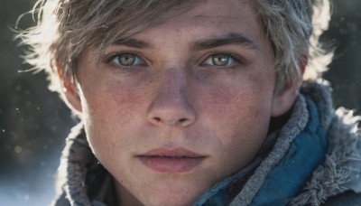 solo,looking at viewer,short hair,blonde hair,1boy,brown eyes,male focus,parted lips,scarf,blurry,lips,coat,fur trim,portrait,snow,close-up,freckles,snowing,realistic,nose,winter clothes,blue scarf,1girl,smile,bangs,brown hair,closed mouth,eyelashes,blue coat