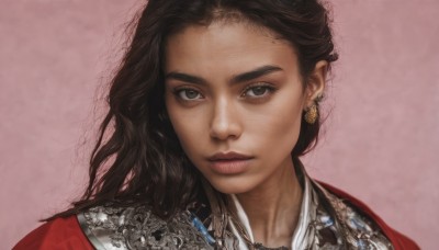 1girl,solo,long hair,looking at viewer,simple background,brown hair,black hair,jewelry,closed mouth,earrings,black eyes,lips,grey eyes,eyelashes,pink background,portrait,freckles,realistic,nose,brown eyes,parted lips,mole,close-up,mole on cheek