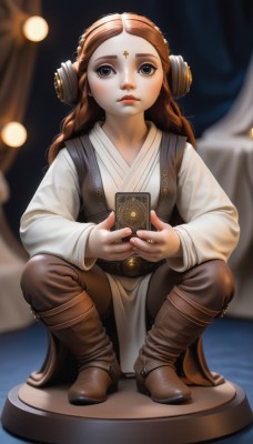 1girl,solo,long hair,looking at viewer,blue eyes,brown hair,long sleeves,holding,closed mouth,full body,braid,boots,blurry,vest,lips,grey eyes,blurry background,headphones,facial mark,brown footwear,squatting,aged down,child,forehead,freckles,forehead mark,card,female child,belt,twin braids,nose,stage,spotlight