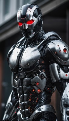 solo,red eyes,1boy,upper body,weapon,male focus,armor,blurry,blurry background,glowing,helmet,robot,glowing eyes,science fiction,cyborg,power armor,looking at viewer,gun,mask,realistic,android