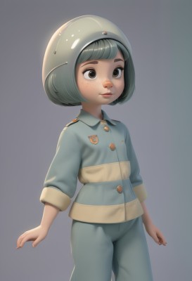 1girl,solo,looking at viewer,short hair,bangs,simple background,shirt,brown eyes,closed mouth,standing,grey hair,cowboy shot,green hair,pants,blunt bangs,grey background,flat chest,lips,buttons,helmet,child,freckles,arms at sides,female child,green pants,jacket,gradient,gradient background,bob cut,realistic