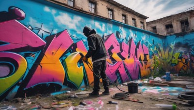 1girl,solo,long sleeves,1boy,holding,standing,jacket,male focus,outdoors,sky,shoes,day,pants,cloud,hood,from behind,black footwear,blue sky,black jacket,window,hoodie,black pants,cloudy sky,building,fence,bucket,paintbrush,paint splatter,paint,graffiti,spray can,gloves,hat,black headwear,baseball cap