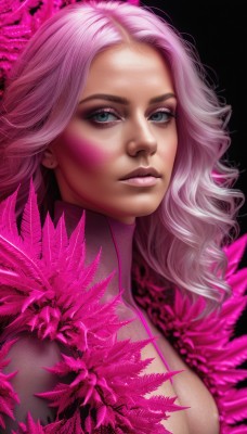 1girl,solo,long hair,breasts,looking at viewer,blue eyes,cleavage,jewelry,medium breasts,upper body,pink hair,parted lips,lips,grey eyes,clothing cutout,eyelashes,bodysuit,makeup,wavy hair,cleavage cutout,portrait,eyeshadow,pink lips,realistic,nose,simple background,closed mouth,green eyes,flower,earrings,artist name,turtleneck,watermark,expressionless,pink background,black background,eyeliner,pink theme,mascara