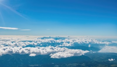 monochrome,outdoors,sky,day,cloud,blue sky,no humans,ocean,sunlight,cloudy sky,nature,scenery,blue theme,mountain,sun,horizon,landscape,above clouds,water,light rays