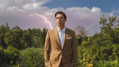 solo,looking at viewer,short hair,brown hair,shirt,black hair,long sleeves,1boy,brown eyes,standing,jacket,white shirt,upper body,male focus,outdoors,sky,day,collared shirt,belt,cloud,black eyes,tree,formal,cloudy sky,suit,nature,forest,brown jacket,realistic,hands in pockets,electricity,lightning,parted lips,pants,looking to the side,dress shirt,black pants,grass,scenery