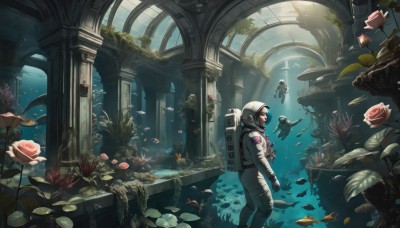 1girl,multiple girls,black hair,standing,flower,water,bag,profile,rose,animal,helmet,plant,red flower,scenery,pink flower,fish,bubble,light rays,underwater,air bubble,ruins,pink rose,pillar,swimming,submerged,spacesuit,jellyfish,arch,turtle,coral,column,seaweed,astronaut,solo,indoors,sunlight,backpack,1other,floating,science fiction,ambiguous gender,spacecraft,overgrown,aquarium