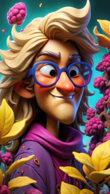 1girl,solo,long hair,smile,blonde hair,1boy,upper body,male focus,food,glasses,teeth,artist name,scarf,grin,black eyes,gradient background,fruit,leaf,thick eyebrows,portrait,round eyewear,purple jacket,grapes,purple scarf,purple-framed eyewear,looking at viewer,blush,blue eyes,flower,parted lips,signature,hood,blurry,from side,sweater,lips,v-shaped eyebrows,looking to the side,eyelashes,hoodie,makeup,depth of field,watermark,blue background,looking down,hood down,black-framed eyewear,bespectacled,smirk,nose,evil smile,raised eyebrow,blue-framed eyewear,purple hoodie