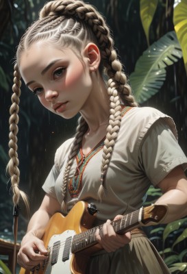 1girl,solo,long hair,breasts,looking at viewer,blush,skirt,brown hair,shirt,holding,brown eyes,jewelry,closed mouth,collarbone,white shirt,upper body,braid,short sleeves,earrings,outdoors,artist name,necklace,blurry,twin braids,bracelet,tree,lips,grey eyes,eyelashes,blurry background,leaf,plant,instrument,nature,forehead,grey skirt,freckles,rain,realistic,nose,music,guitar,playing instrument,holding instrument,hair pulled back,electric guitar,multiple braids,small breasts,parted lips,fingernails,piercing,t-shirt,ear piercing,bracer