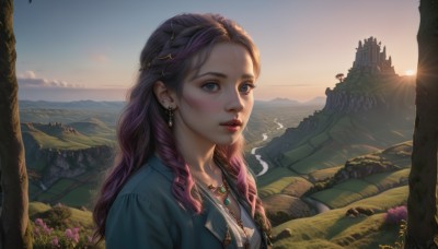 1girl,solo,long hair,breasts,looking at viewer,blush,blue eyes,shirt,hair ornament,jewelry,jacket,upper body,purple hair,braid,flower,multicolored hair,earrings,outdoors,parted lips,sky,cloud,signature,necklace,tree,lips,grey eyes,eyelashes,gradient hair,makeup,sunlight,grass,lipstick,gem,scenery,pendant,smoke,freckles,sunset,cigarette,mountain,nose,sun,smoking,red lips,river,mountainous horizon,denim jacket,water,ocean,nature,realistic,landscape,sunrise