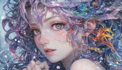 1girl,solo,long hair,looking at viewer,bangs,bare shoulders,blue hair,purple hair,parted lips,water,lips,grey eyes,eyelashes,floating hair,portrait,close-up,fish,bubble,underwater,air bubble,goldfish,hair between eyes,green eyes,multicolored hair,teeth,heterochromia,realistic,nose