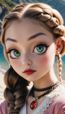 1girl,solo,long hair,looking at viewer,blush,blonde hair,brown hair,jewelry,closed mouth,green eyes,collarbone,upper body,braid,earrings,outdoors,choker,day,artist name,necklace,blurry,lips,eyelashes,single braid,makeup,depth of field,blurry background,beach,thick eyebrows,lipstick,gem,portrait,hair over shoulder,close-up,forehead,pendant,freckles,pink shirt,red lips,mascara,multiple braids,dress,signature,twin braids,sunlight,lace trim,lace,eyeshadow,backlighting,realistic,nose