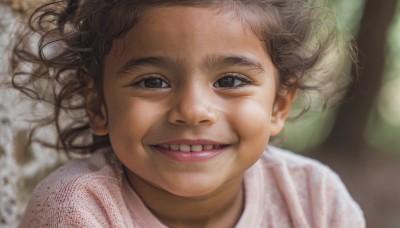 1girl,solo,looking at viewer,smile,open mouth,brown hair,shirt,brown eyes,white shirt,outdoors,teeth,grin,blurry,black eyes,lips,depth of field,blurry background,child,portrait,realistic,female child,1boy,male focus,tree,messy hair,close-up