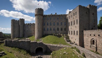 outdoors,sky,day,cloud,tree,blue sky,no humans,window,bird,cloudy sky,grass,building,scenery,rock,ruins