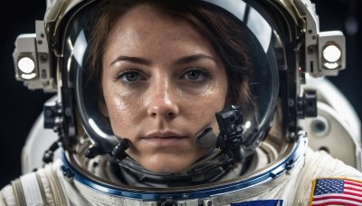 1girl,solo,looking at viewer,short hair,brown hair,brown eyes,closed mouth,blurry,lips,blurry background,helmet,portrait,reflection,realistic,space,american flag,spacesuit,japanese flag,space helmet,astronaut,expressionless,close-up,freckles,science fiction,serious,nose,planet,flag print,earth (planet),united states,american flag print