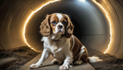 HQ,solo,looking at viewer,blue eyes,closed mouth,full body,indoors,signature,no humans,animal,dog,realistic,animal focus,collar,chain,plant,all fours,claws,light,animal collar