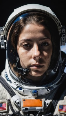 1girl,solo,looking at viewer,brown hair,1boy,brown eyes,closed mouth,upper body,male focus,lips,helmet,portrait,freckles,science fiction,realistic,american flag,spacesuit,japanese flag,astronaut,headset,reflection,serious,space,planet,dirty,earth (planet),spacecraft,united states