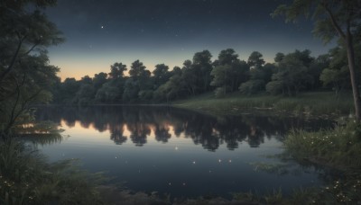 outdoors,sky,cloud,water,tree,no humans,night,grass,fire,plant,star (sky),nature,night sky,scenery,forest,starry sky,reflection,river,lake,flower,sunset,reflective water