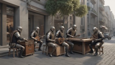 holding,sitting,weapon,boots,outdoors,multiple boys,day,sword,holding weapon,armor,tree,gun,window,chair,table,helmet,shoulder armor,gauntlets,building,instrument,scenery,rifle,6+boys,pauldrons,shield,city,music,guitar,greaves,multiple others,stool,playing instrument,knight,ambiguous gender,people,6+others,box,holding gun,breastplate,sign,road,street,full armor,soldier