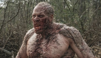 solo,looking at viewer,1boy,upper body,weapon,white hair,male focus,outdoors,teeth,blurry,tree,blood,nature,forest,veins,topless male,injury,realistic,bald,bare tree,open mouth,nipples,muscular,scar