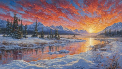 outdoors,sky,cloud,water,tree,no humans,cloudy sky,nature,scenery,snow,forest,reflection,sunset,mountain,sun,winter,bare tree,river,evening,landscape,mountainous horizon,lake,gradient sky,orange sky,red sky,pine tree,signature,blue sky,traditional media,sunlight,ice,twilight,sunrise,reflective water