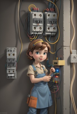 1girl,solo,looking at viewer,smile,short hair,blue eyes,brown hair,shirt,holding,standing,short sleeves,hairband,collared shirt,apron,lips,shadow,child,science fiction,female child,overalls,cable,wire,blue overalls,blush,pants,signature,nose,blue pants