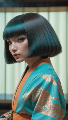 1girl,solo,looking at viewer,short hair,bangs,black hair,brown eyes,upper body,parted lips,japanese clothes,indoors,blunt bangs,kimono,blurry,from side,lips,sash,eyelashes,makeup,blurry background,obi,floral print,bob cut,curtains,freckles,realistic,nose,blue kimono,red lips,print kimono,closed mouth,black eyes,looking to the side,depth of field