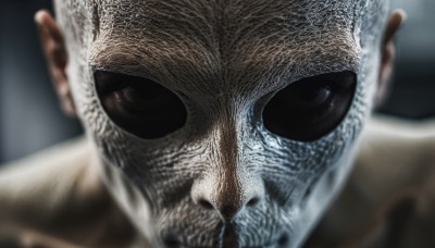 solo,looking at viewer,1boy,male focus,blurry,black eyes,no humans,mask,depth of field,blurry background,portrait,close-up,realistic,white hair,bald,eye focus