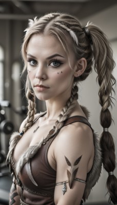 1girl,solo,long hair,breasts,looking at viewer,blue eyes,blonde hair,brown hair,cleavage,bare shoulders,twintails,jewelry,closed mouth,upper body,braid,multicolored hair,earrings,small breasts,sleeveless,artist name,necklace,blurry,twin braids,lips,grey eyes,fur trim,eyelashes,tattoo,blurry background,piercing,forehead,armlet,freckles,realistic,nose,hair tie,arm tattoo,tooth necklace,multiple braids,hair ornament,medium breasts,mole,crop top,facial mark,feathers,ear piercing,facepaint