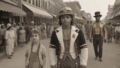 1girl,looking at viewer,smile,short hair,multiple girls,shirt,long sleeves,hat,jewelry,closed mouth,standing,jacket,monochrome,short sleeves,male focus,outdoors,multiple boys,open clothes,day,pants,artist name,signature,dark skin,necklace,vest,open jacket,buttons,facial hair,building,child,spot color,walking,6+boys,top hat,realistic,arms at sides,male child,sepia,crowd,brown theme,dress,2girls,collarbone,greyscale,earrings,solo focus,bracelet,dark-skinned female,lips,chain,6+girls,goggles,road,street,town,people