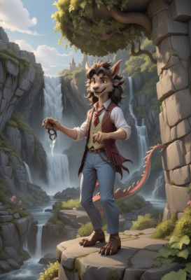 1girl,solo,long hair,looking at viewer,smile,open mouth,brown hair,shirt,1boy,holding,animal ears,jewelry,standing,tail,full body,yellow eyes,white shirt,male focus,outdoors,open clothes,necktie,horns,sky,barefoot,teeth,day,collared shirt,belt,pants,artist name,cloud,water,vest,tree,blue sky,chain,fangs,plant,denim,red necktie,claws,furry,colored sclera,jeans,rock,fantasy,dragon tail,blue pants,red vest,brown belt,scales,key,furry male,brown vest,waterfall,cliff,moss,digitigrade,flower,watermark,brown footwear,grass,nature,scenery,sleeves rolled up,mountain,furry female,brown fur