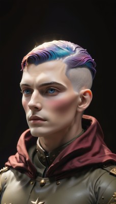 solo,short hair,blue eyes,simple background,1boy,closed mouth,blue hair,jacket,upper body,pink hair,purple hair,male focus,multicolored hair,artist name,signature,star (symbol),cape,uniform,two-tone hair,lips,military,military uniform,black background,portrait,realistic,nose,red cape,very short hair,undercut,medal