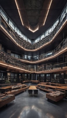 indoors,tree,book,no humans,window,shadow,chair,table,sunlight,plant,building,scenery,desk,light rays,city,bookshelf,light,lamp,cityscape,architecture,skyscraper,ceiling,ceiling light,reflection,wooden floor,stairs