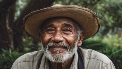 solo,looking at viewer,smile,shirt,1boy,hat,closed mouth,white shirt,upper body,white hair,grey hair,male focus,outdoors,day,collared shirt,blurry,tree,depth of field,blurry background,facial hair,portrait,nature,beard,forest,realistic,mustache,brown headwear,straw hat,manly,old,old man,parted lips,teeth,black eyes,lips,grey eyes