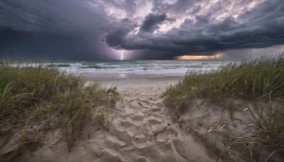 outdoors, sky, cloud, dutch angle, no humans, ocean, cloudy sky, grass, scenery, horizon, road, lightning, landscape