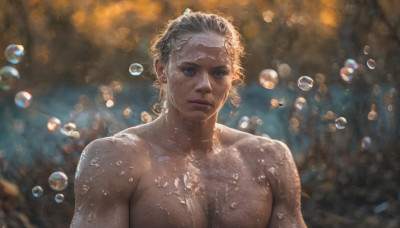 1girl, solo, breasts, looking at viewer, short hair, blue eyes, closed mouth, collarbone, upper body, nude, blurry, wet, blurry background, freckles, bubble, water drop, realistic