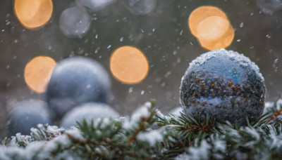 outdoors, food, blurry, no humans, depth of field, scenery, snow, snowing