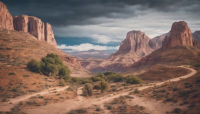 outdoors,sky,day,cloud,tree,blue sky,no humans,cloudy sky,grass,nature,scenery,forest,rock,mountain,sand,road,landscape,path,cliff,desert