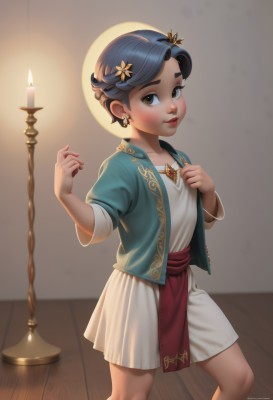 1girl,solo,looking at viewer,blush,smile,short hair,black hair,hair ornament,dress,brown eyes,jewelry,blue hair,standing,collarbone,jacket,flower,short sleeves,earrings,parted lips,open clothes,artist name,indoors,hand up,signature,hair flower,white dress,open jacket,lips,fingernails,sash,feet out of frame,watermark,short dress,blue jacket,hand on own chest,child,web address,wooden floor,nose,candle,candlestand,candlelight,dark skin,necklace,dark-skinned female,female child